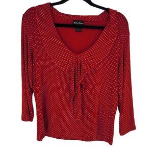 Made in Heaven womens XL red dotted ruffle v neck stretchy slinky 3/4 sleeve